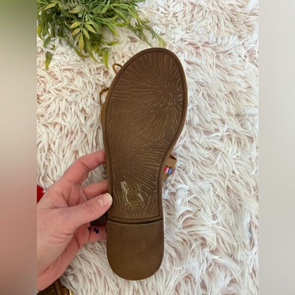 Mascotte NWOT Tan Colorful Pom Pom Coin Jewel Boho Tassel Lace Up Sandals Sz 7 - Picture 9 of 10